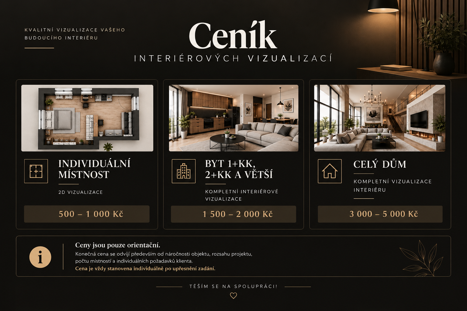 Ceník AM Designs: individuální místnost 500 až 1 000 Kč, byt 1+kk, 2+kk a větší 1 500 až 2 000 Kč, celý dům 3 000 až 5 000 Kč